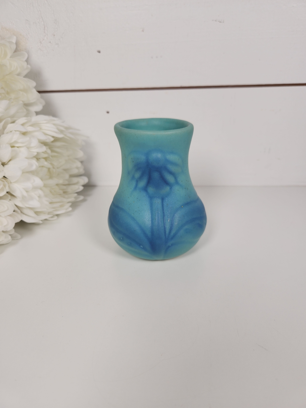 Vintage Van Briggle Pottery Blue Daisy Bud Vase | Matte Turquoise Arts & Crafts